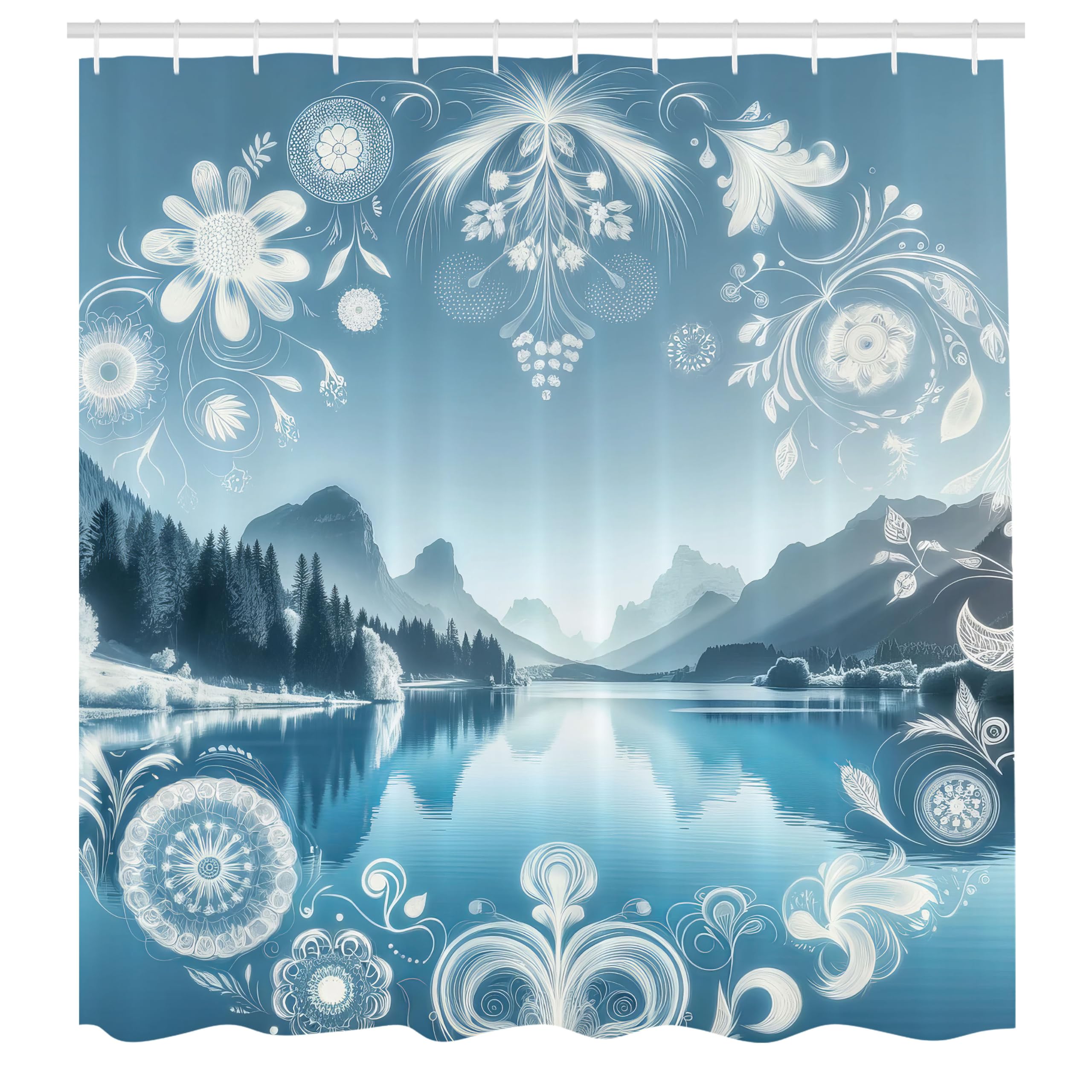 Ambesonne Lake Shower Curtain, Panoramic Nature View Mountains Woodland Folkloric Floral Wreath Ornaments, Cloth Fabric Bathroom